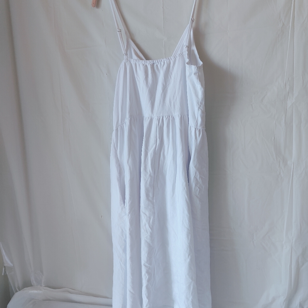 White Spaghetti Strap Dress with Sternum Cutout and Bow, Buttons - Size Large - Picture 6 of 12